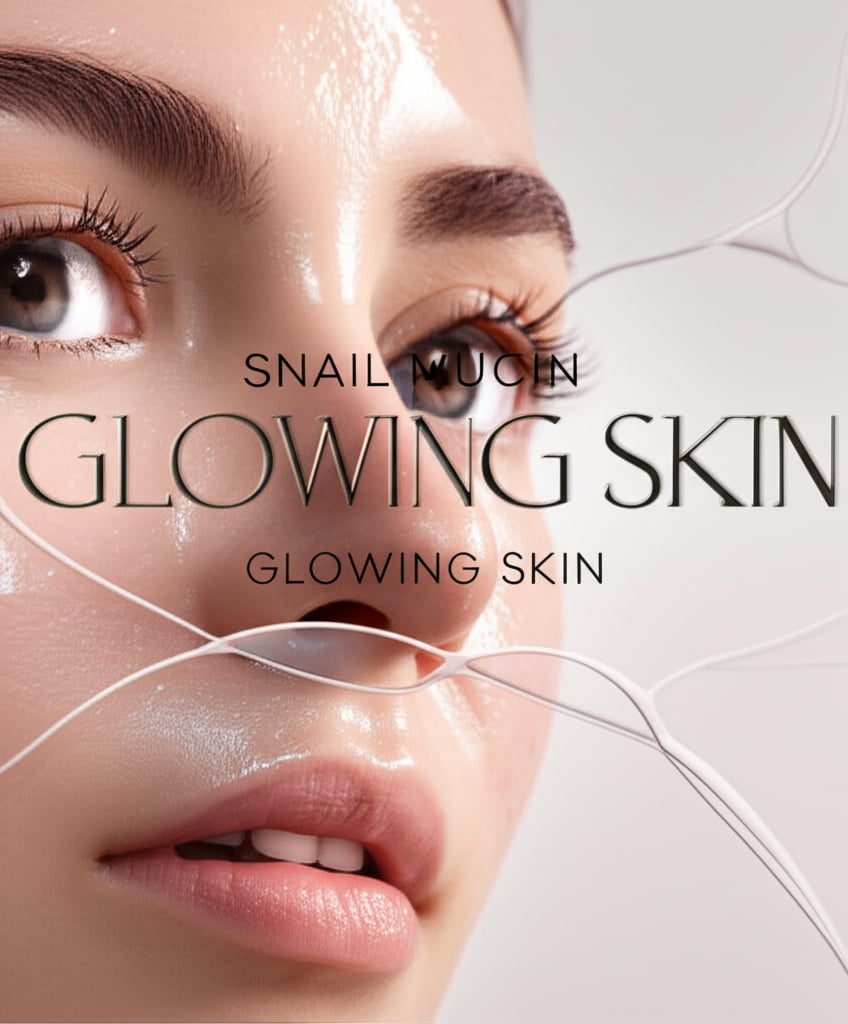 A close-up of healthy, dewy skin with an ethereal glow, subtly interacting with abstract, delicate tendrils representing snail mucin. Soft, natural light. Keywords in large, elegant font: "SNAIL MUCIN", "GLOWING SKIN"