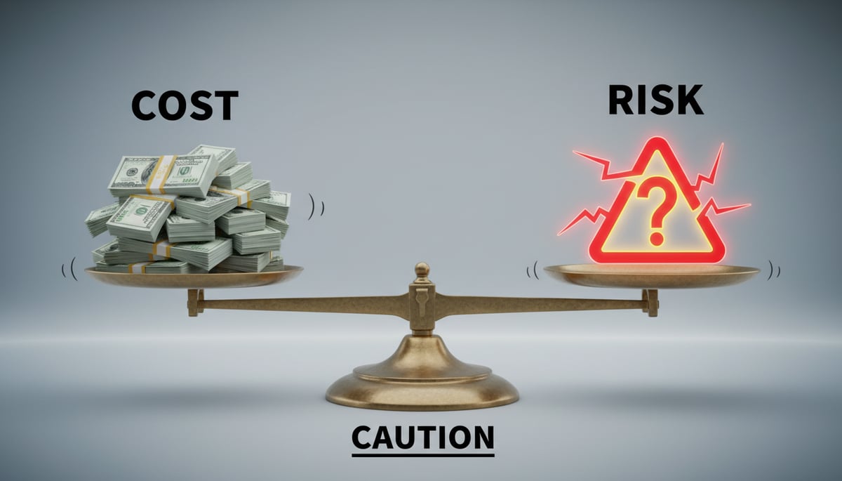 Weighing scale balancing cost against risk in aesthetic treatments