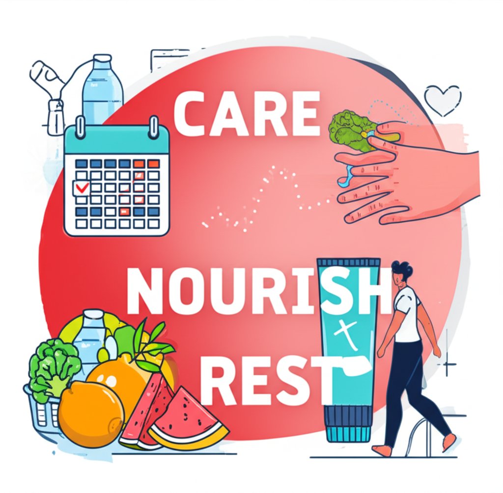 A vibrant, clean illustration depicting key post-operative care tips. Elements include healthy food (fruits, water), a calendar with a follow-up appointment marked, a gentle hand applying a healing cream, and a person taking a light, mindful walk indoors. The overall mood is proactive and supportive. Large, clear text overlay: 'CARE', 'NOURISH', 'REST'. Bright, encouraging color palette.