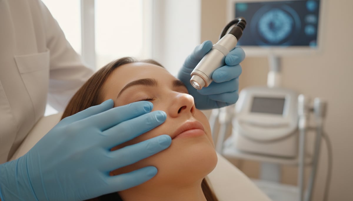A close-up shot of a dermatologist's gloved hands meticulously examining a patient's face, conveying precision and expertise. The background is a clean, modern medical clinic, softly blurred, with subtle indications of advanced tools. Emphasize the professional, caring human touch and personalized approach. Natural lighting.
