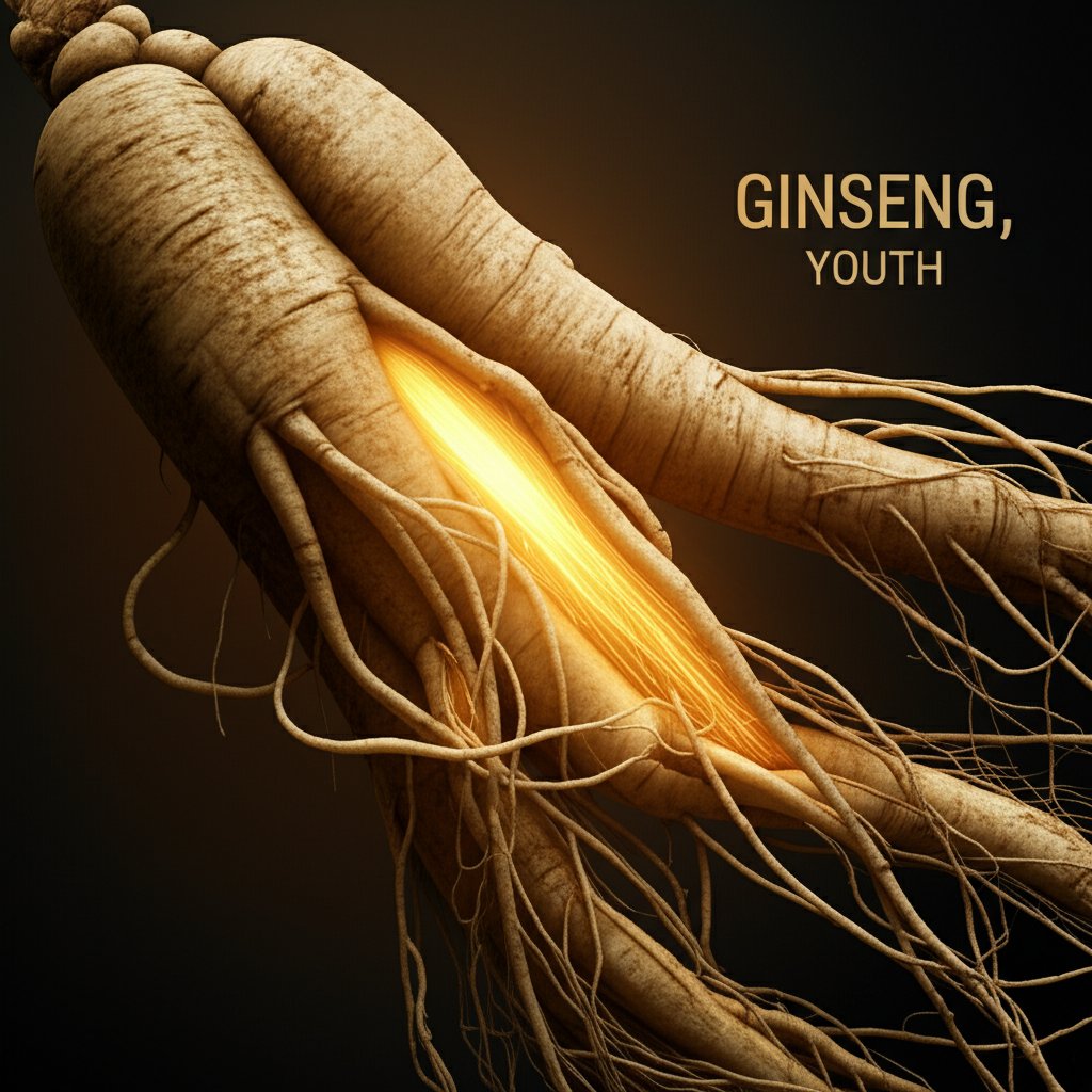 A powerful and elegant close-up of a gnarled, ancient ginseng root, glowing with an internal, golden light, subtly interwoven with the texture of smooth, youthful skin. The composition evokes vitality, longevity, and profound rejuvenation. A sense of natural energy and anti-aging benefits. Large, sophisticated text overlay: 'GINSENG, YOUTH'.