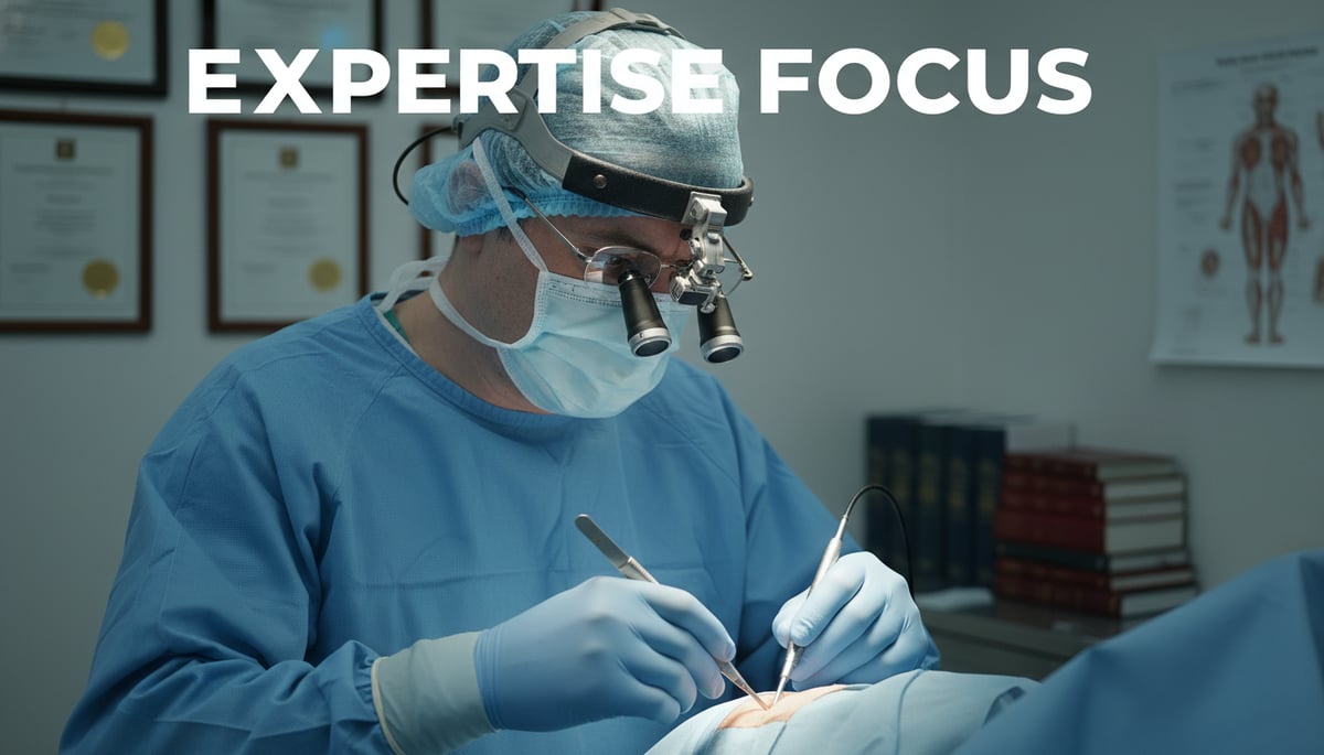 A highly skilled plastic surgeon in sterile scrubs, with magnifying loupes, meticulously performing a delicate facial surgery with advanced, specialized tools. The surgeon's expression is one of intense focus and deep expertise. Subtle background elements hint at years of practice and academic excellence, like blurred certificates or medical texts. The scene conveys precision, dedication, and mastery of a specific procedure. Text overlay: 'EXPERTISE FOCUS'.