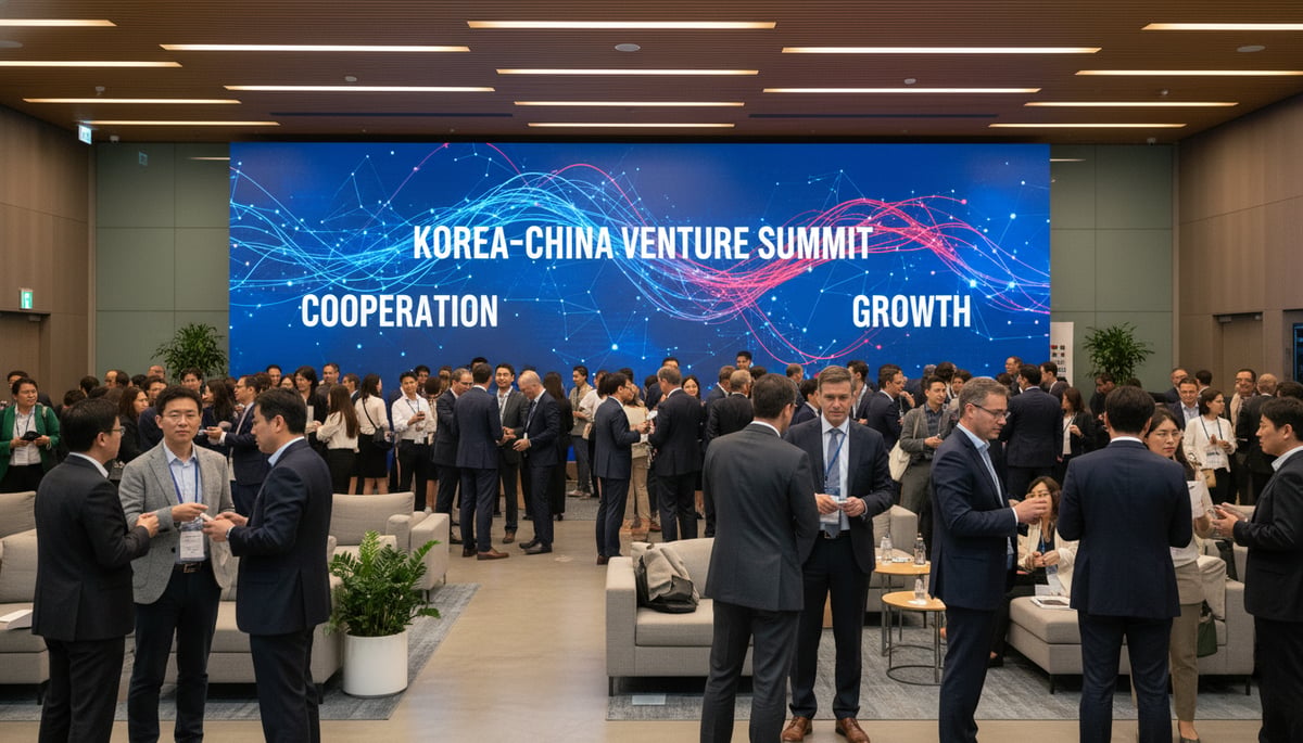 A bustling, modern convention center hall. People in business attire from various ethnicities are networking, shaking hands, and discussing. A large digital screen in the background displays 'Korea-China Venture Summit' and abstract lines representing data flow and connection. Warm, professional lighting. Text in image: 'COOPERATION', 'GROWTH'.