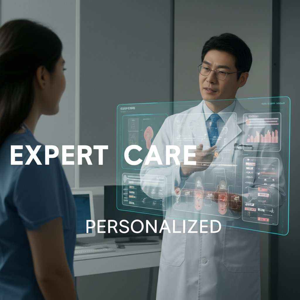 A professional Korean dermatologist in a clinic setting, standing beside a patient and explaining a 3D skin analysis on a futuristic translucent screen. The screen displays complex skin data and personalized treatment pathways. The doctor gestures reassuringly while the patient listens attentively. Emphasize precision and care. Text overlay: 'EXPERT CARE' and 'PERSONALIZED' in modern, large fonts. Soft, clinical lighting.