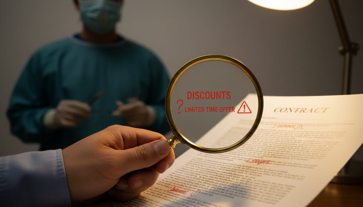 A close-up of a person's hand holding a magnifying glass over a contract or consent form, scrutinizing the fine print for hidden 'red flags'. In the blurred background, a silhouette of a masked surgeon stands, symbolizing 'ghost surgery'. Visual cues like 'DISCOUNTS' with a suspicious question mark, and 'LIMITED TIME OFFER' with a warning symbol are subtly incorporated. The overall tone is vigilant and cautious, realistic style.