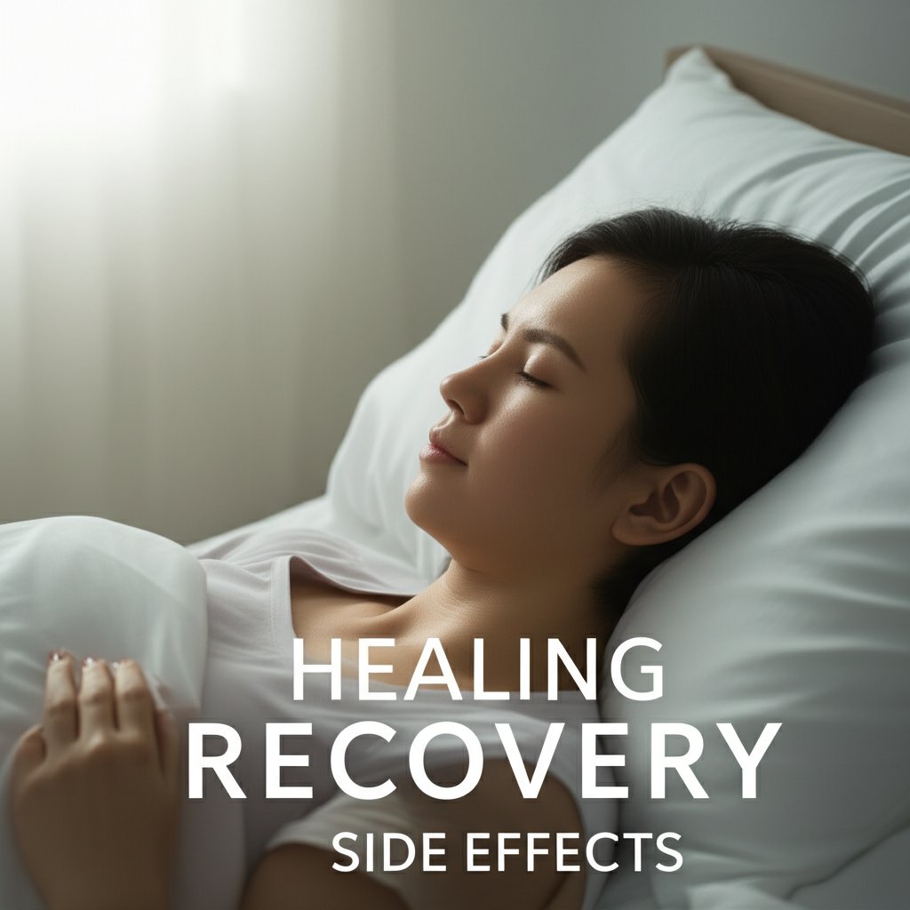 A serene, comforting illustration of a person gently resting in bed during post-operative recovery, surrounded by soft light. The image subtly depicts common side effects like minor swelling or bruising (not graphic) and a sense of calm emotional processing, emphasizing the temporary nature of discomfort. Large, clear text overlay: 'HEALING', 'RECOVERY', 'SIDE EFFECTS'. Soft, muted colors, focus on comfort and gradual improvement.