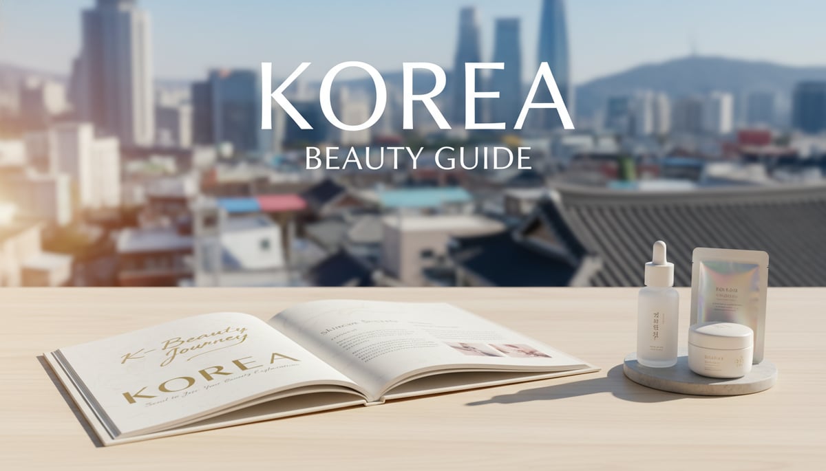 A beautifully designed, open travel guide or elegant brochure titled 'K-Beauty Journey' on a light wooden table. Prominently displayed on the page is the word 'KOREA' in a stylish font. Beside the guide, a small collection of minimalist, luxurious Korean skincare products – a serum bottle, a small jar of cream, and a sheet mask – are artfully arranged. The background features a soft, blurred impression of a modern, vibrant Seoul cityscape during the day. The atmosphere is inviting, informative, and aspirational. Text overlay: 'KOREA' and 'BEAUTY GUIDE' in a clean, elegant font.