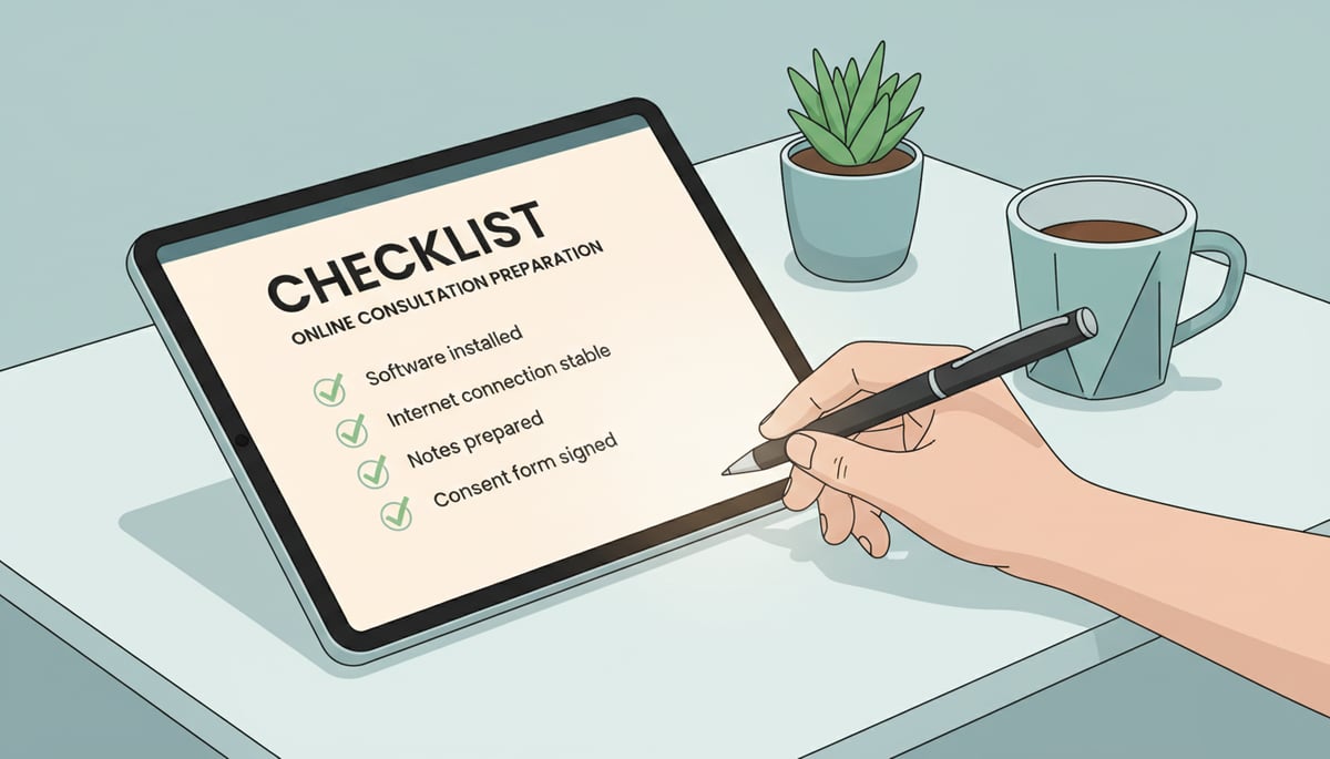 A professional, clean illustration of an open laptop or tablet displaying a comprehensive checklist for online consultations. Items on the checklist are partially visible, with several checkmarks. A hand holds a pen hovering over the screen. The overall tone is organized and reliable. Text on screen: 'CHECKLIST', 'CONSULTATION'. Balanced composition.