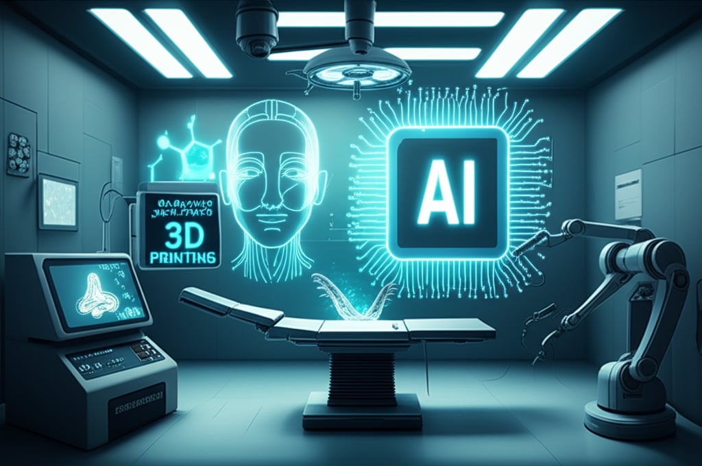 An illustrative image about: A futuristic, high-tech surgical room. A holographic projection of a human face is being analyzed by