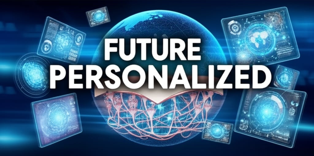 A futuristic vision of dermatology. Microscopic views of skin are augmented with nanotechnology and bioengineered ingredients at work. Smart devices with real-time skin monitoring interfaces float around, displaying genetic data and personalized treatment paths. A sense of global innovation and leadership is conveyed. Text in image, large font: FUTURE, PERSONALIZED.