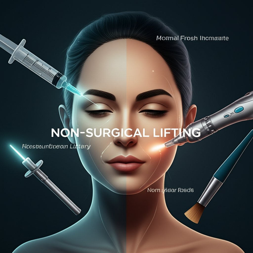 A modern, clean aesthetic clinic setting with a dynamic composition featuring abstract representations of various non-surgical tools: a syringe with a glowing tip for injectables, a stylized laser beam, a microneedling pen, and a chemical peel brush. These tools subtly interact with a refined, artistic rendering of a face (not a real person, but an artistic representation of skin being gently treated). The focus is on gentle, precise action and the concept of immediate, fresh results with minimal downtime. Soft, professional lighting and minimal shadows. Text overlay: "NON-SURGICAL LIFTING" in a clean, professional sans-serif font.