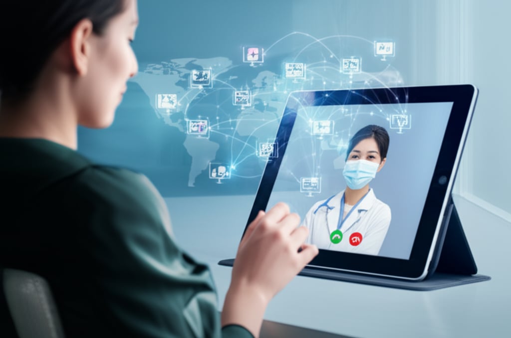 A woman in a high-tech home office video calls a Korean surgeon on a tablet, with glowing translation lines and a global map.