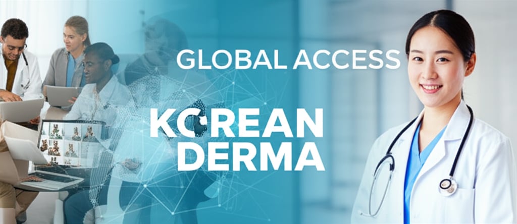 A split image or collage showing global connectivity for medical care. On one side, a diverse group of people from different countries (representing international patients) are seen interacting with laptops or tablets, engaging in a virtual consultation. On the other side, a professional Korean medical staff member is smiling, ready to assist. Connecting them is a subtle, glowing digital network overlaying a map of the world. Text overlay: 'GLOBAL ACCESS' and 'KOREAN DERMA' in large, impactful fonts. Bright, inviting colors.