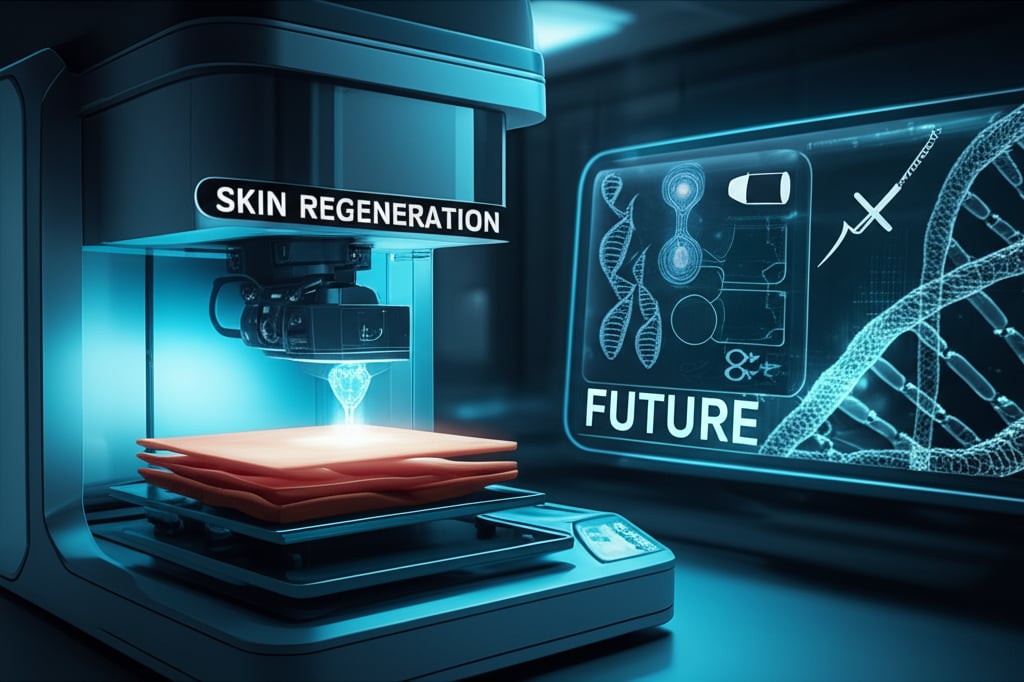 Futuristic lab with a 3D bioprinter creating skin, DNA editing displays, plus 'SKIN REGENERATION' and 'FUTURE' text.