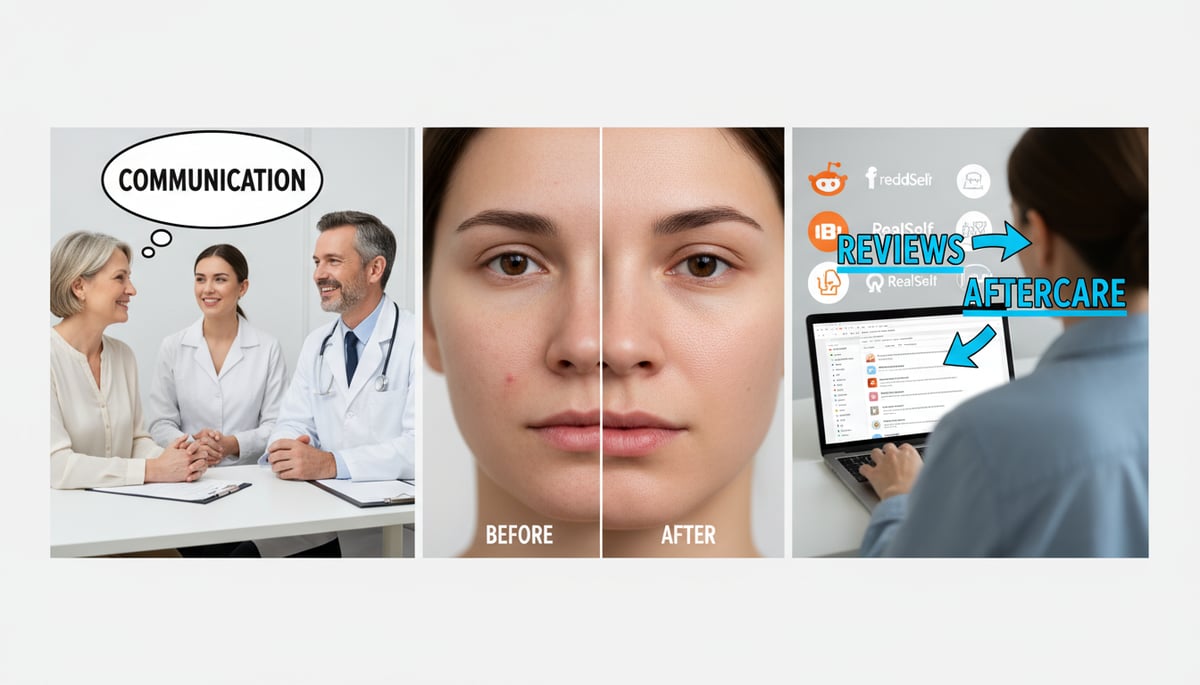 A multi-panel or collage style image focusing on patient quality assessment. One panel shows a patient conversing with a doctor and a live interpreter, emphasizing 'COMMUNICATION'. Another panel displays a side-by-side comparison of realistic, unedited before-and-after photos. A third panel features a person looking at a laptop screen displaying various review sites like 'Reddit' and 'RealSelf', with keywords 'REVIEWS' and 'AFTERCARE' highlighted. The overall look is informative and trustworthy, realistic style.