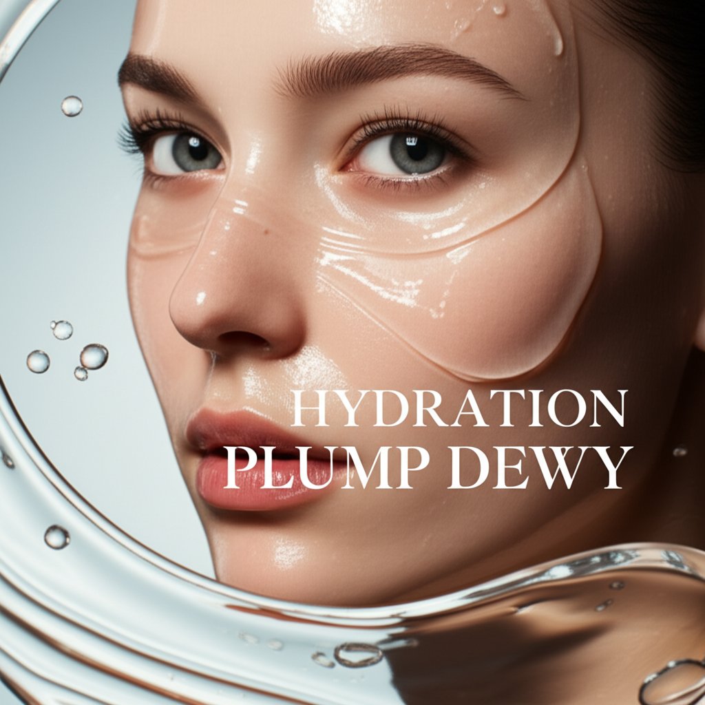 A close-up of a model's face, showcasing radiant, 'glass skin' effect with a dewy, plump texture. Abstract, clear liquid droplets and soft, swirling waves symbolizing essences and serums gently flowing over the skin. Soft, ethereal lighting with a luminous glow. Text overlay in large, elegant sans-serif fonts: 'HYDRATION PLUMP DEWY'.