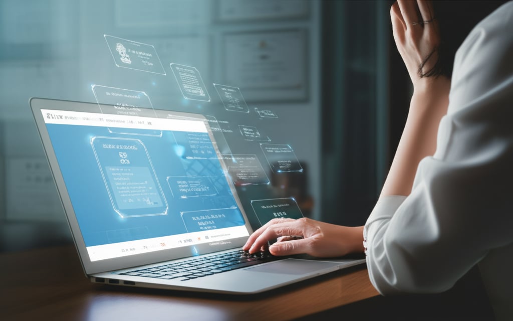 An illustrative image about: A cinematic shot of a discerning international patient using a laptop, carefully reviewing digital c