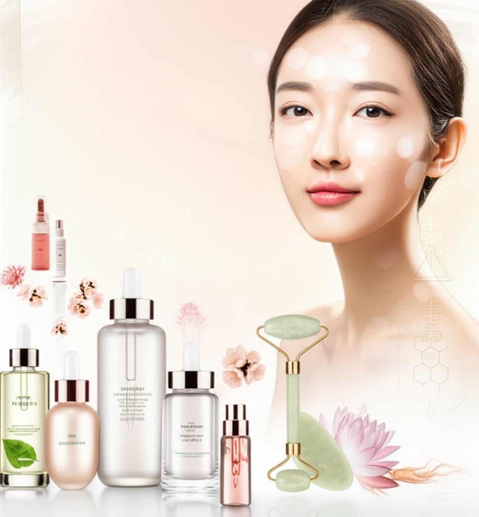 A radiant Korean woman is shown with elegant K-beauty anti-aging products and botanicals on a soft, luxurious background.