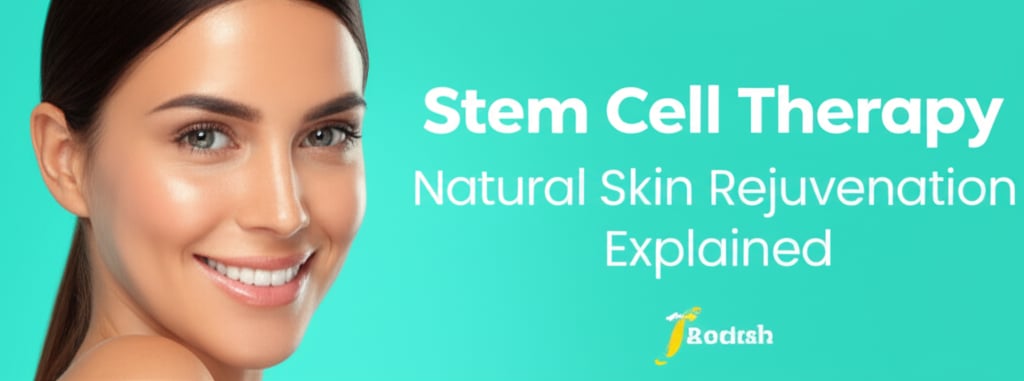A radiant woman with a warm smile and pristine skin, promoting 'Stem Cell Therapy: Natural Skin Rejuvenation Explained' on a vibrant teal background.