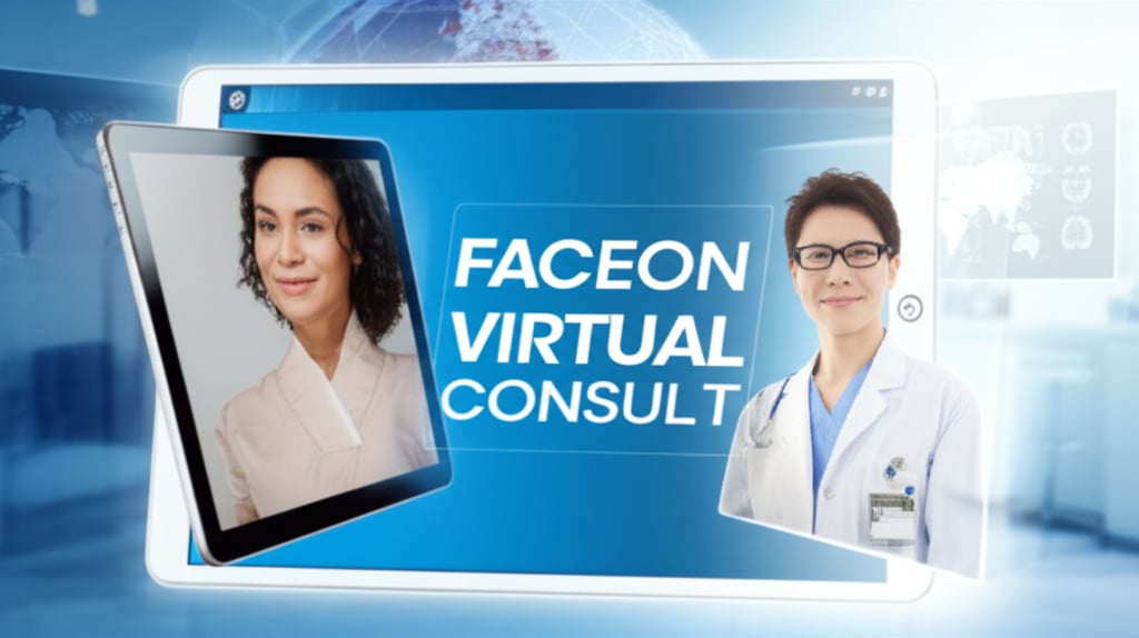 An illustrative image about: An illustrative, high-tech image of a diverse international patient engaged in a virtual consultatio