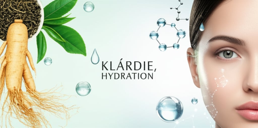 A harmonious fusion of traditional Korean botanicals and cutting-edge science. A serene, elegant composition featuring vibrant green tea leaves and gnarled ginseng roots seamlessly blending into glowing, futuristic molecular structures and shimmering hyaluronic acid spheres. A subtle, luminous 'glass skin' effect on a model's cheek in the background. Large, elegant text overlay: 'KLÁRDIE, HYDRATION'.