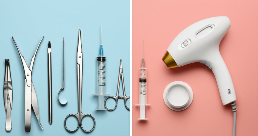 An illustrative image about: A split visualization or infographic showing the evolution of beauty treatments: on one side, tradit