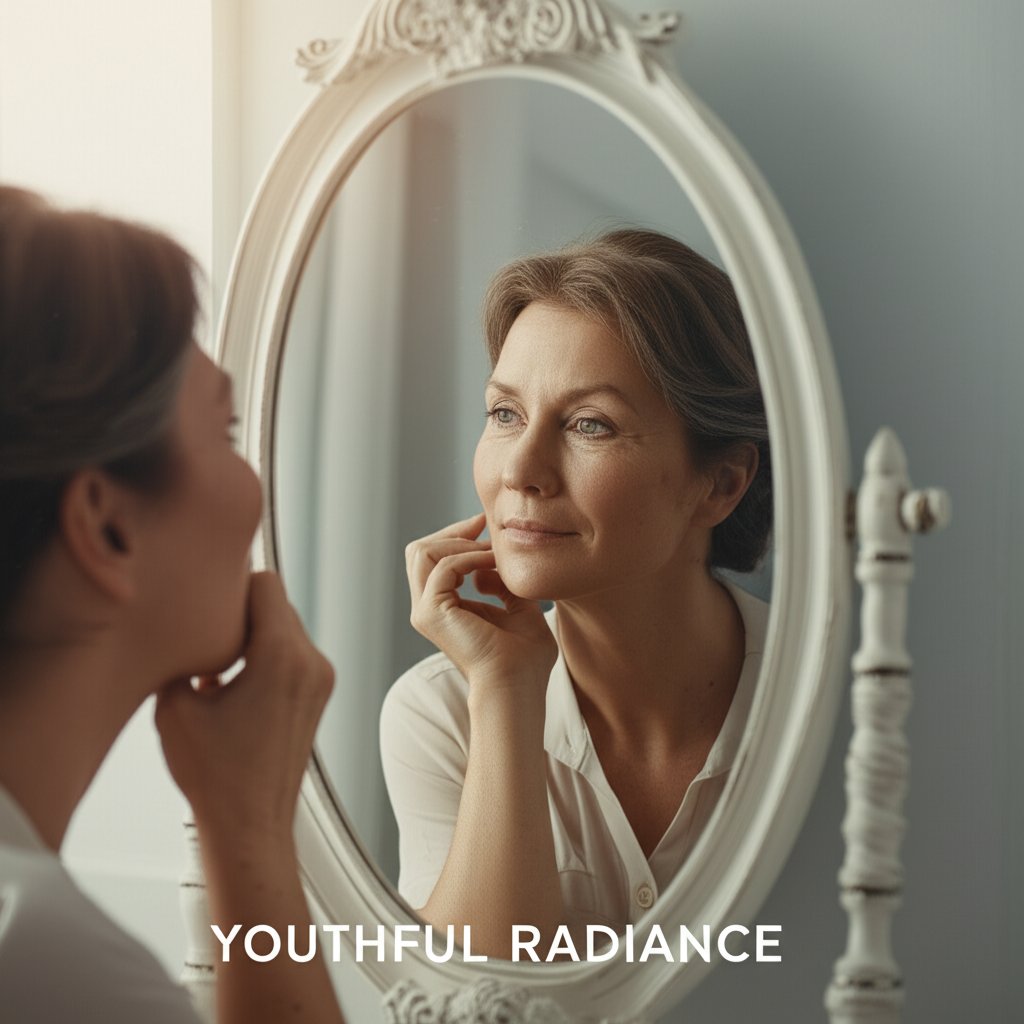 A serene, elegant woman in her late 40s or early 50s, looking thoughtfully at her reflection in a softly lit, ornate mirror. Her expression is reflective, contemplating natural signs of aging like subtle fine lines and softened contours, but also hopeful and aspirational for a refreshed, natural appearance. The background is slightly blurred, hinting at natural light. The overall mood is sophisticated and empowering. Text overlay: "YOUTHFUL RADIANCE" in a graceful, modern font.