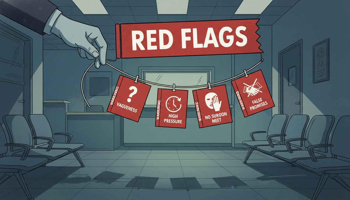 A visually striking illustration depicting a hand pulling down a series of small, bright red flags. Each flag has a simple icon representing a common 'red flag' in a clinic response, such as a question mark for vagueness, a clock for high pressure, a hidden face for not meeting the surgeon, and a cross for false promises. The background is a clinic waiting room, with a subtle sense of unease. Text on flags: 'RED FLAGS', 'WARNING'. Wide composition.