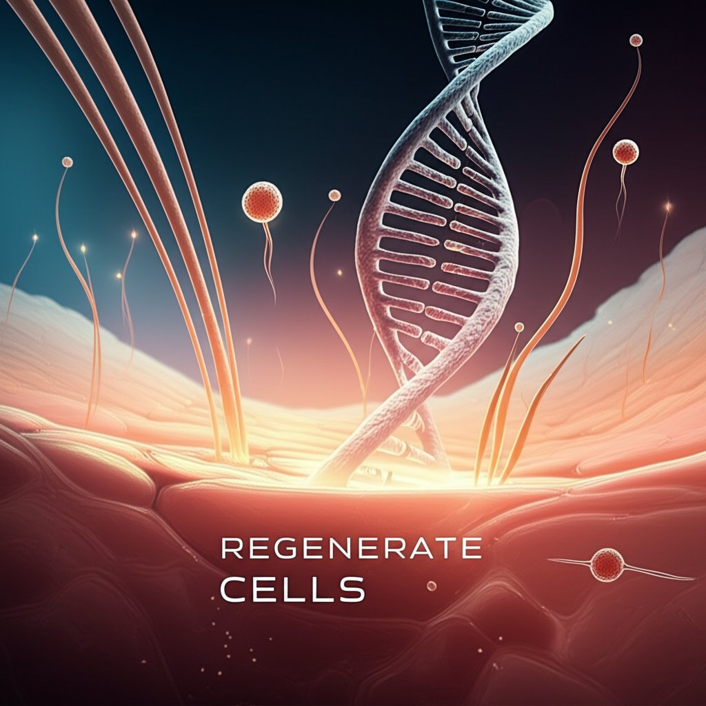 A microscopic, artistic rendering of skin cells undergoing regeneration. Polynucleotide strands (salmon DNA) are shown integrating into cellular structures, while subtle glowing particles represent stem cell activators and hydration boosters. The aesthetic is clean, scientific, and vibrant, with light effects showing healing. Text in image, large font: REGENERATE, CELLS.