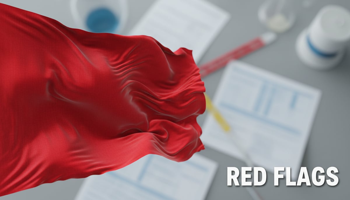 A stark, impactful image featuring a prominent, bright red flag dramatically waving against a muted, slightly chaotic background that hints at a medical environment or messy paperwork. The flag acts as a clear warning symbol, emphasizing caution and danger. The overall mood is serious and urgent. Text overlay: 'RED FLAGS'.