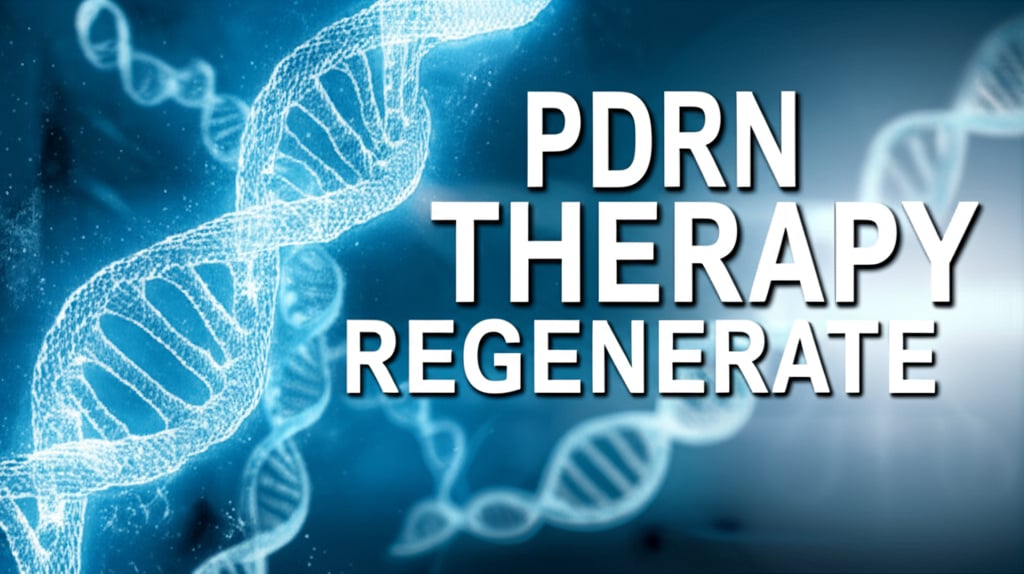 A futuristic, clinical aesthetic showing glowing, abstract DNA helices or polynucleotide strands merging with and regenerating healthy skin cells. Clean, modern lab-like setting with blue and white light, representing advanced repair and rejuvenation. Keywords in large, bold font: "PDRN THERAPY", "REGENERATE"