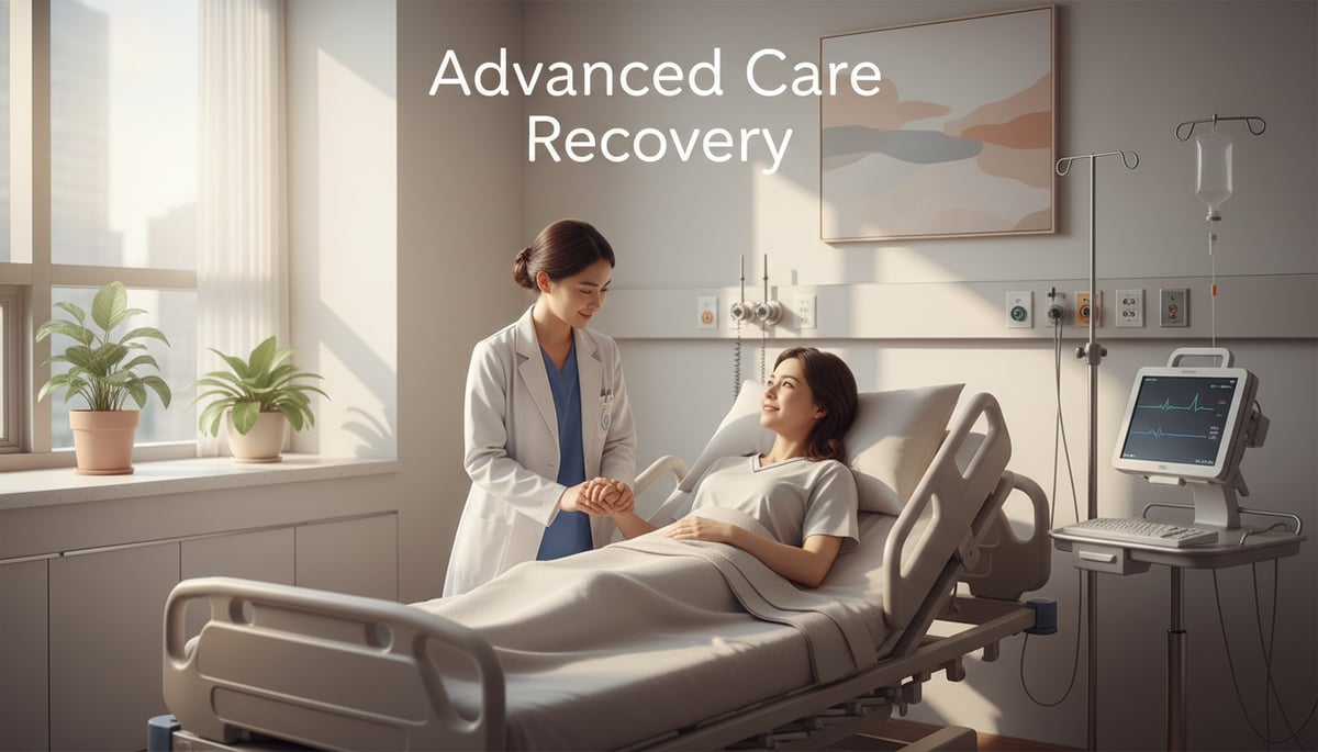 A modern medical recovery room in Seoul with a nurse assisting a patient