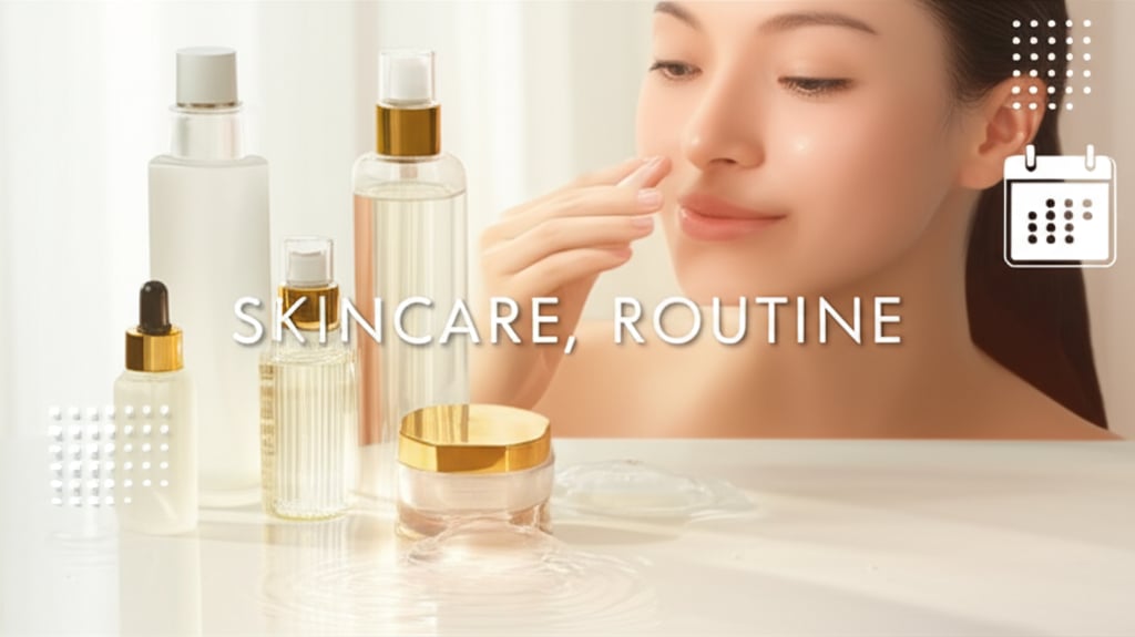 A minimalist and serene image of an organized Korean skincare routine. A few elegant, glass bottles and jars on a smooth surface, with a soft, glowing light illuminating a hand gently applying a product to a radiant, healthy-looking face in the background. Elements subtly suggesting consistency and patience, like a calendar icon or flowing water. Large, clean text overlay: 'SKINCARE, ROUTINE'.