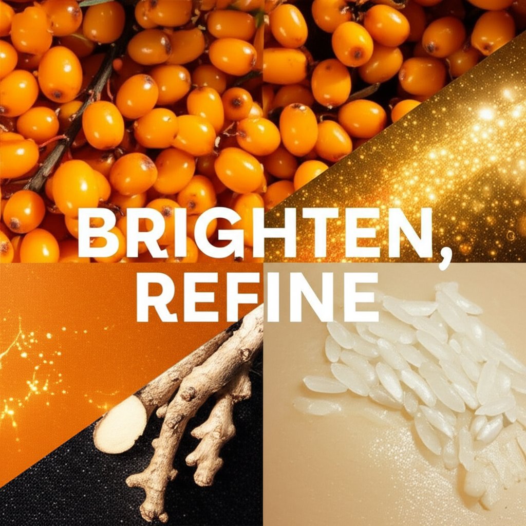 A vibrant, dynamic collage showcasing the power of brightening actives. Illuminating sea buckthorn berries, abstract representations of AHA/BHA/PHA chemicals as shimmering light patterns, subtle licorice root, and glistening rice grains, all coming together on a canvas that suggests a radiant, even-toned skin surface. Large, bold text overlay: 'BRIGHTEN, REFINE'.