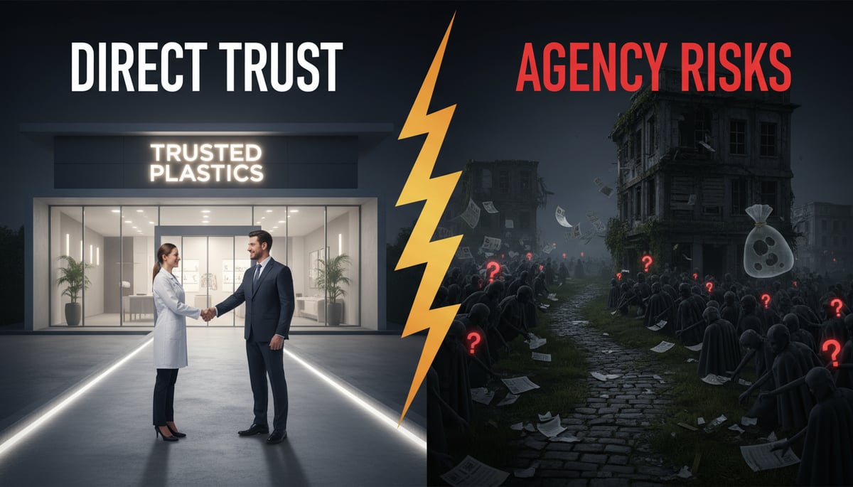 A striking visual contrast between two pathways. One pathway is clear, well-lit, and leads directly to a modern, reputable plastic surgery clinic building, with a warm, professional handshake. The other pathway is dark, winding, and obscured by a maze of complex, shadowy figures and confusing documents, representing a third-party agency. This path leads to uncertainty and potential pitfalls, like a dilapidated building or hidden costs. Text overlay: 'DIRECT TRUST' and 'AGENCY RISKS'.