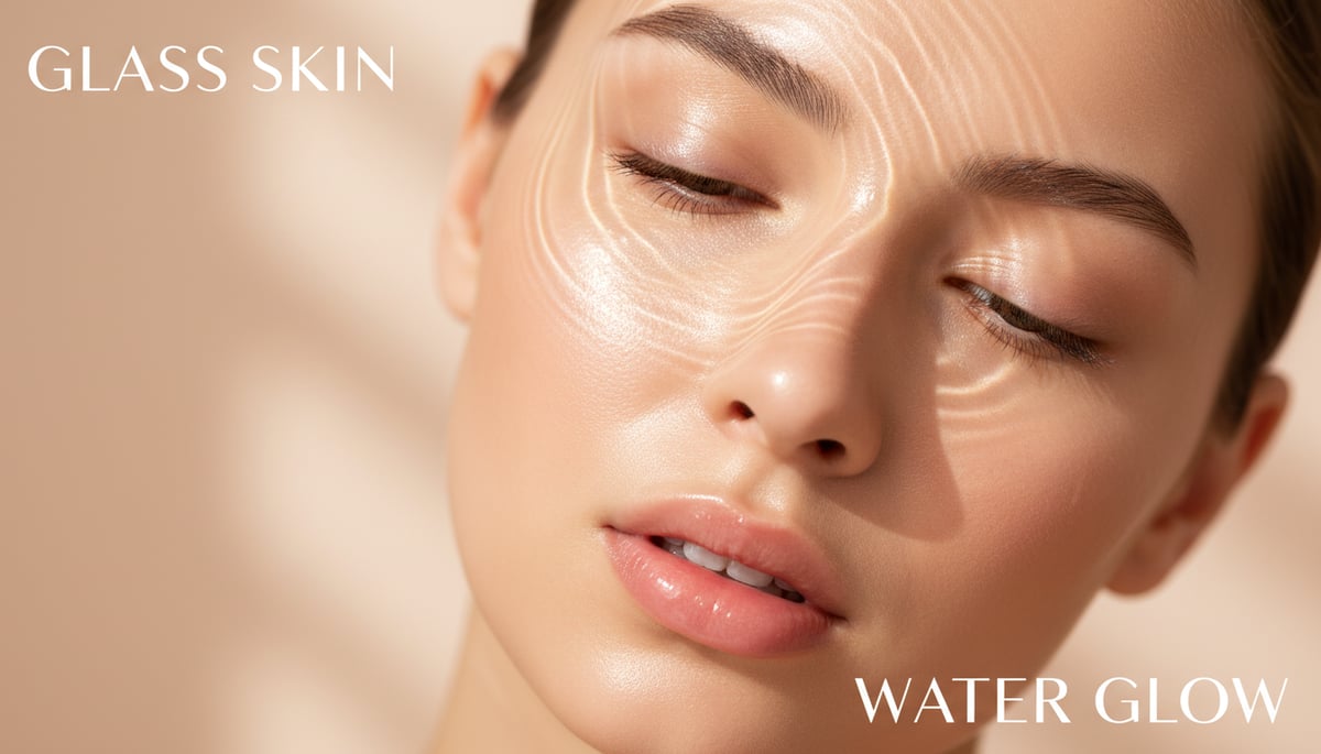 A close-up of a woman's radiant, dewy face, depicting a smooth, plump, and luminous 'glass skin' complexion.
