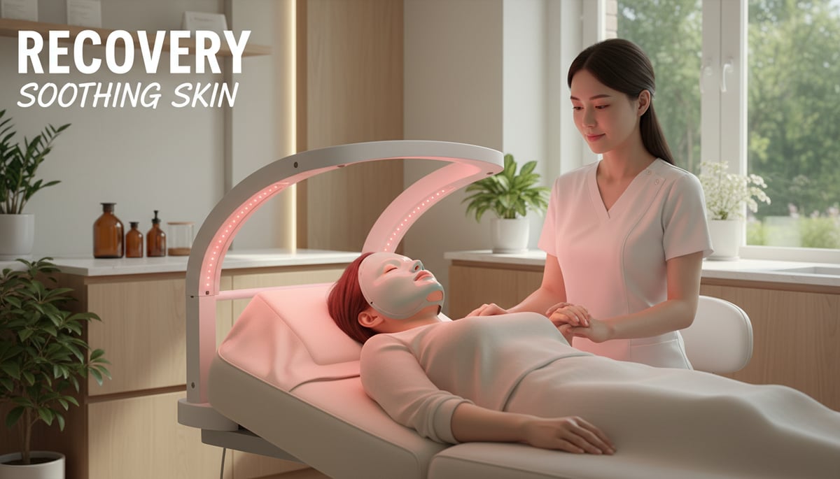 Patient receiving post-procedure care with a cooling mask in a serene clinic