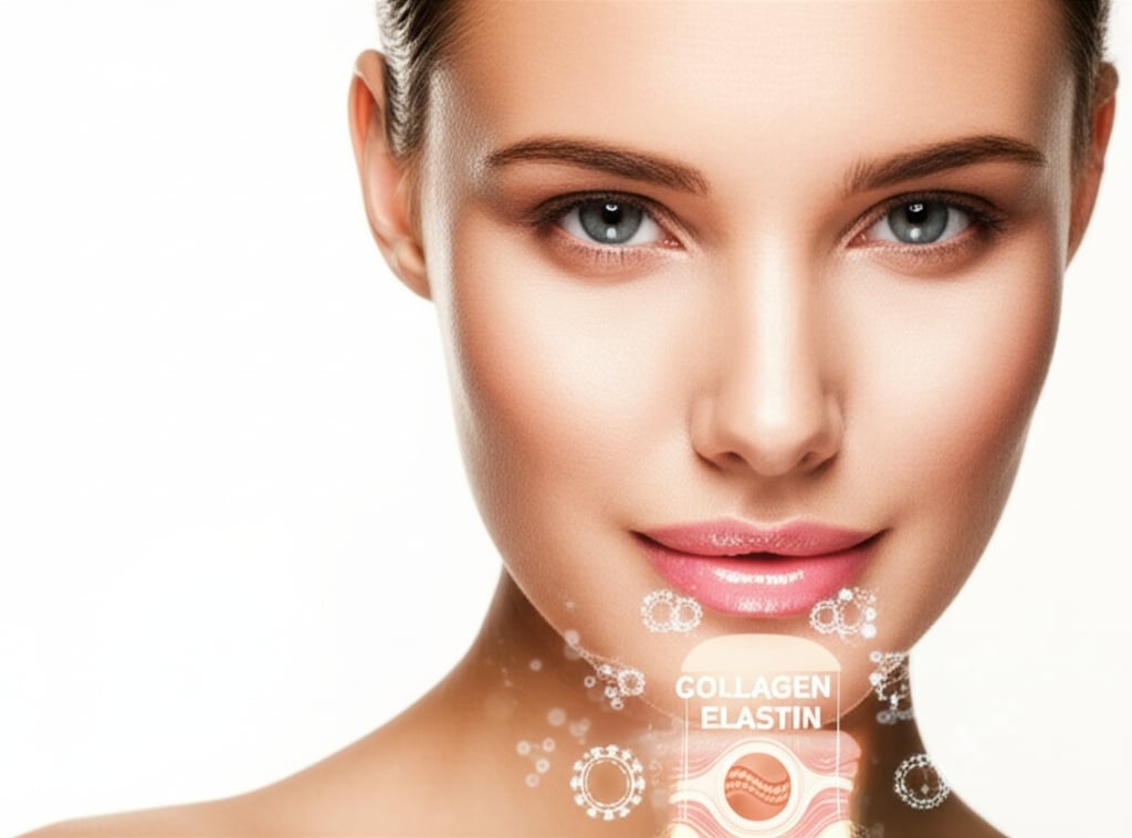 Close-up portrait of a woman with radiant, healthy skin, showing glowing collagen and elastin for natural youth renewal.