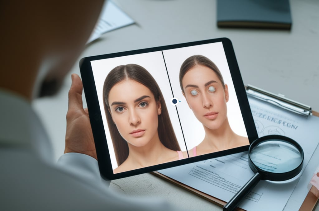 A person critically analyzing before-and-after photos on a tablet.
