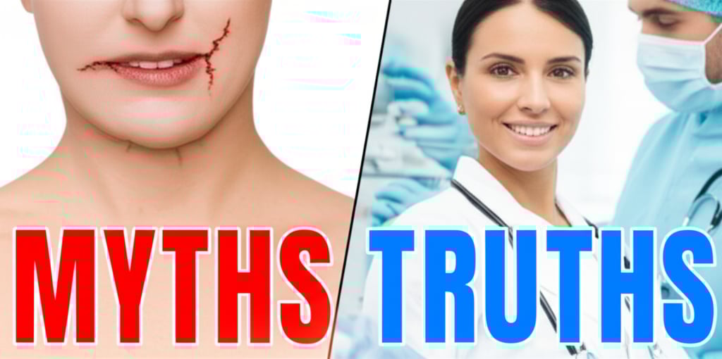 A highly detailed, photorealistic split-screen image contrasting 'MYTHS' and 'TRUTHS' about plastic surgery. The left panel, representing 'MYTHS', features a person with an exaggeratedly 'frozen' or 'plastic' facial expression, unnaturally taut skin, and a visible, painful-looking scar. Overlaying this panel are large, bold, red letters: 'MYTHS'. The right panel, representing 'TRUTHS', shows a person with a subtly enhanced, natural-looking smile and confident posture, with a caring, professional surgeon gently consulting in the background in a sterile, bright clinic. Overlaying this panel are large, bold, blue letters: 'TRUTHS'. The image should have a modern, informative aesthetic with sharp focus on the subjects, clearly distinguishing between the two concepts.