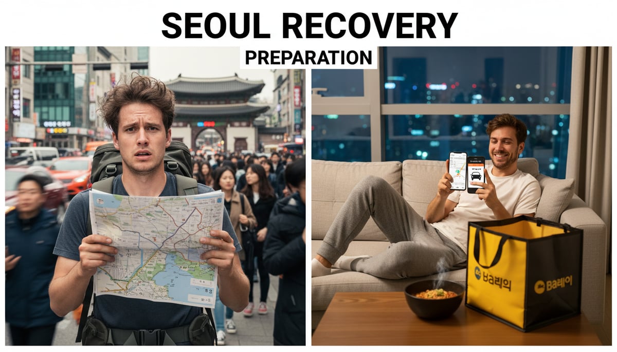 A split image showing a tourist being stressed vs prepared for recovery in Seoul