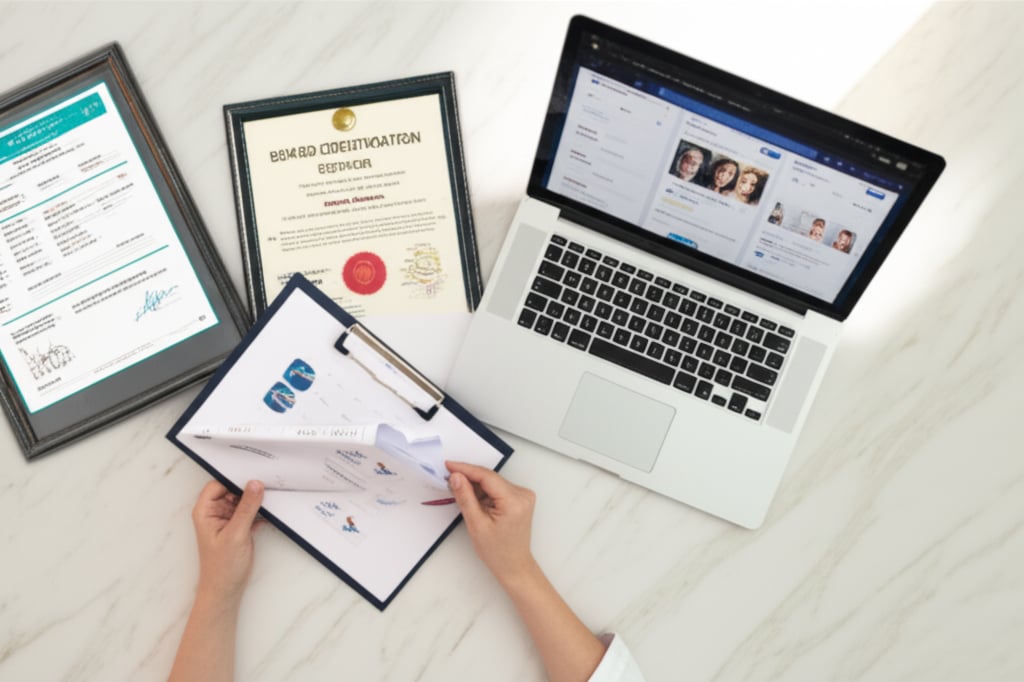 An illustrative image about: A detailed, professional overhead shot showing hands meticulously examining documents: a doctor's fr