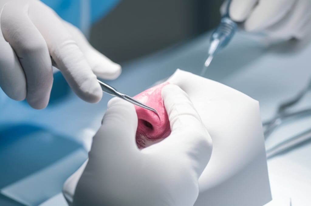 A detailed, close-up shot of a surgeon's hands, wearing sterile gloves, meticulously working on a 3D anatomical model of a nose, perhaps indicating scar tissue or reconstruction with subtle hints of cartilage. Precision surgical tools are visible. A background suggesting a sophisticated, modern medical environment, clean and focused on intricate work.