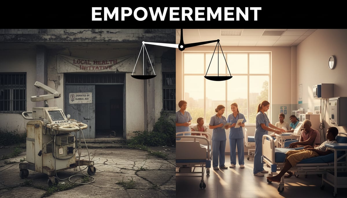 A visual metaphor for global health justice, contrasting unsustainable aid with local empowerment.