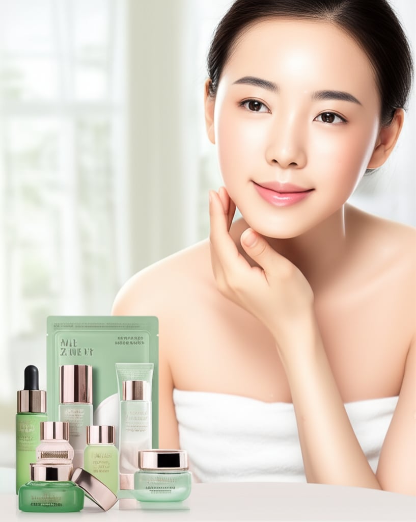 An illustrative image about: Central Visual Subject: A serene, young Asian woman (20-30s) with clear, glowing, dewy skin and a pe