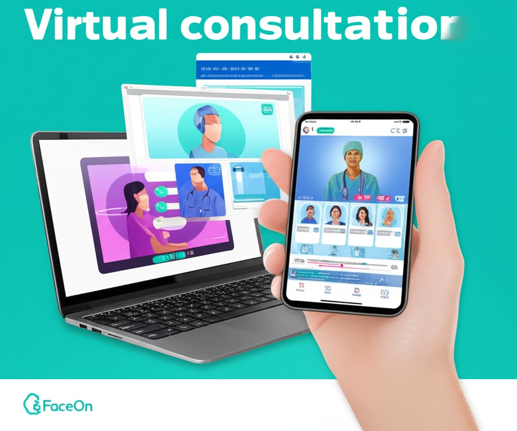 An illustration of FaceOn's virtual consultation process: phone app browsing and video call with doctor and interpreter.