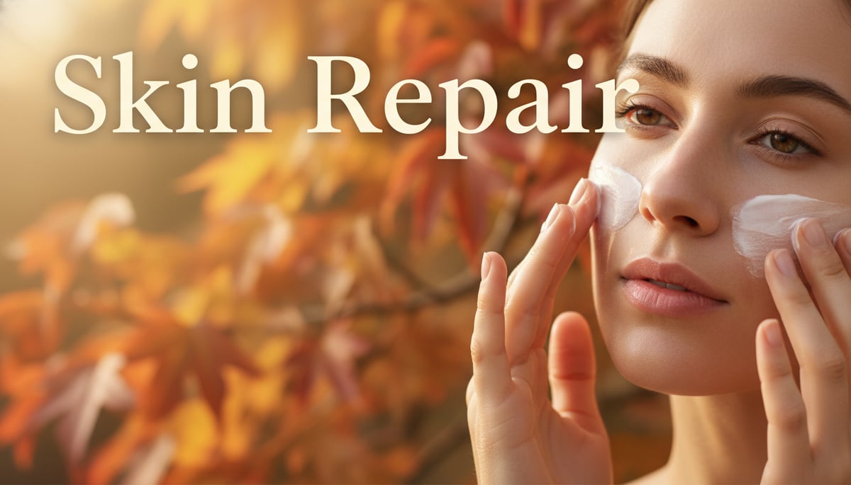 A serene, close-up image of a person's hands gently applying a rich, creamy moisturizer to their clean face, emphasizing a healthy, glowing complexion. In the background, out of focus, are warm-toned autumn leaves and soft, diffused sunlight, symbolizing the seasonal transition and nature's restorative power. The scene conveys a sense of calm and self-care, focusing on skin repair and hydration. Natural, soft lighting. Text on image (large font, 2-3 keywords): 'Skin Repair'