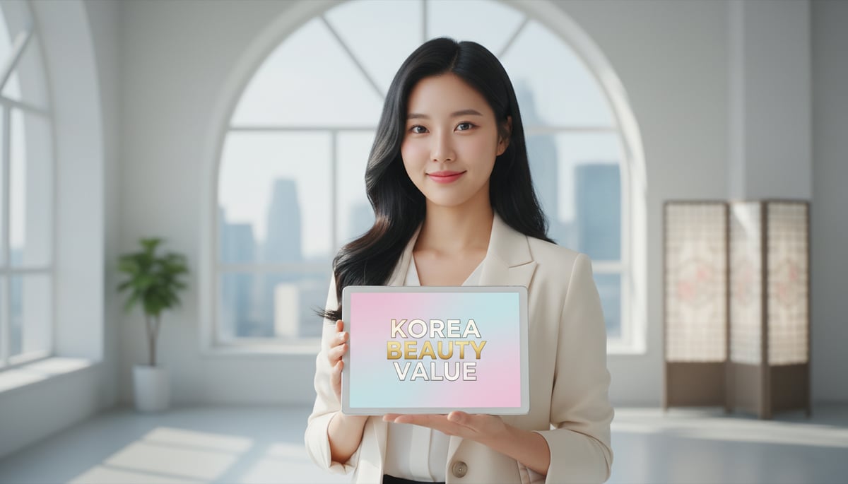 A vibrant, confident young woman with glowing skin and a gentle, inviting smile. She stands in a modern, brightly lit space that subtly hints at Korean aesthetics (e.g., minimalistic design, soft natural light). In her hands, she holds a sleek digital tablet displaying the prominent, elegant keywords 'KOREA BEAUTY VALUE'. The background is softly blurred, suggesting a global, aspirational context, with a focus on her radiant, approachable demeanor. The image conveys professionalism, trust, and the positive outcomes of accessible, quality beauty journeys.