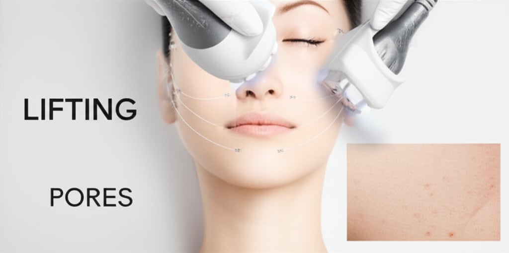 A modern, high-tech clinic setting with advanced lifting devices (HIFU/Ultherapy-like wands) emitting focused energy onto a stylized face, alongside intricate thread lifting lines beneath the skin's surface. A separate, subtle area shows refined skin texture with minimized pores. The overall feel is precise and effective. Text in image, large font: LIFTING, PORES.