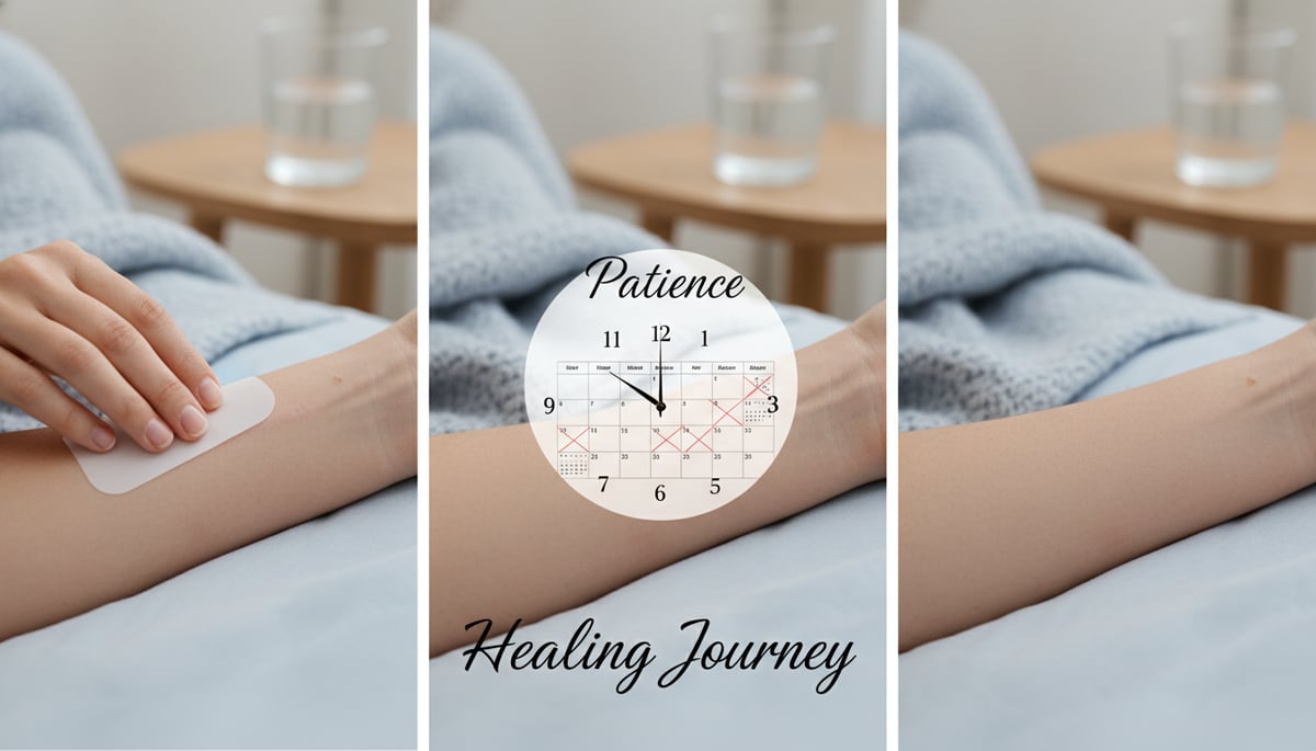 A multi-panel image showing the stages of long-term scar care and healing